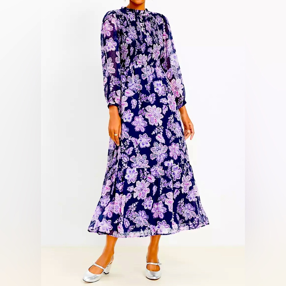 LOFT Women's Floral Smocked Tiered Maxi Dress Size 6 Purple/White/Navy Blue